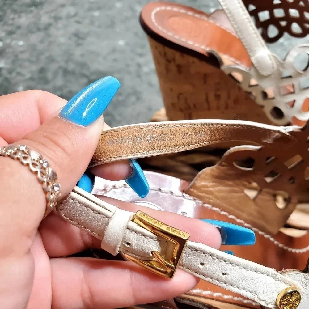 Tory Burch Nori Laser-Cut 115MM Wedge Sandal‎ in Ivory